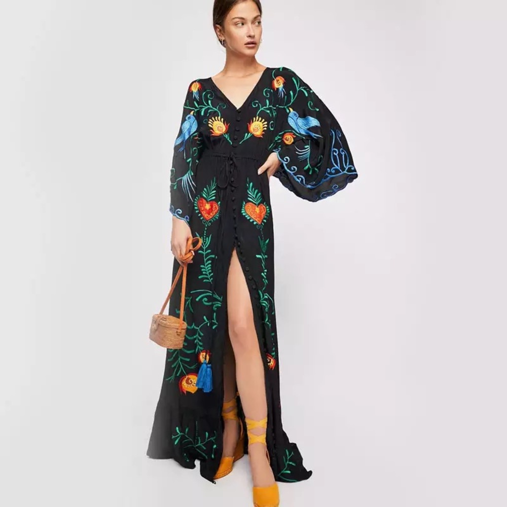 Bohemian Embroidered Black Hearts Magic Long Maxi Gown In Black 5 Star ⭐️ Maxi - Picture 4 of 10